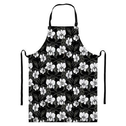 Black And White Cattleya Pattern Print Bib Apron With Pocket