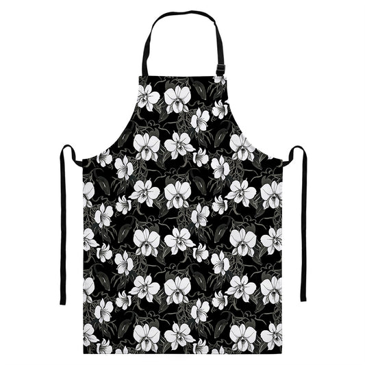 Black And White Cattleya Pattern Print Bib Apron With Pocket