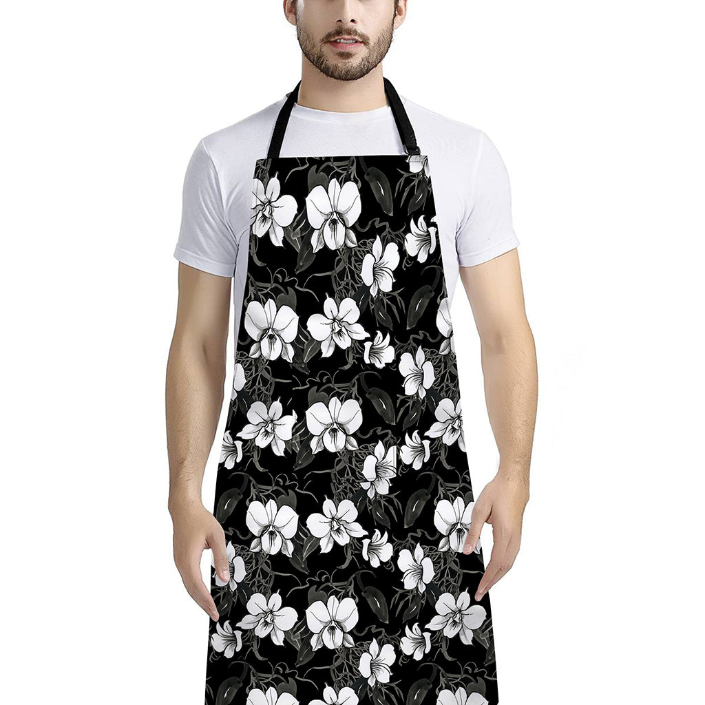 Black And White Cattleya Pattern Print Bib Apron With Pocket
