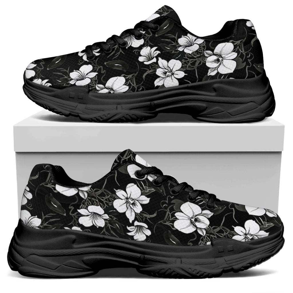 Black And White Cattleya Pattern Print Black Chunky Shoes