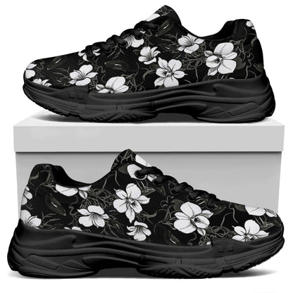 Black And White Cattleya Pattern Print Black Chunky Shoes