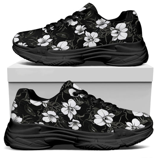 Black And White Cattleya Pattern Print Black Chunky Shoes