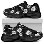 Black And White Cattleya Pattern Print Black Chunky Shoes