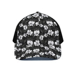 Black And White Cattleya Pattern Print Black Mesh Trucker Cap