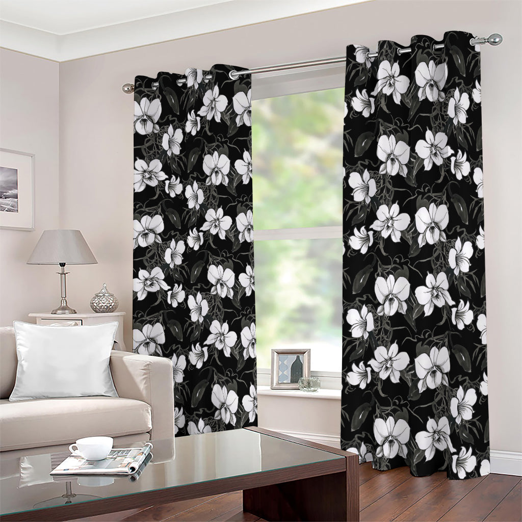 Black And White Cattleya Pattern Print Blackout Grommet Curtains