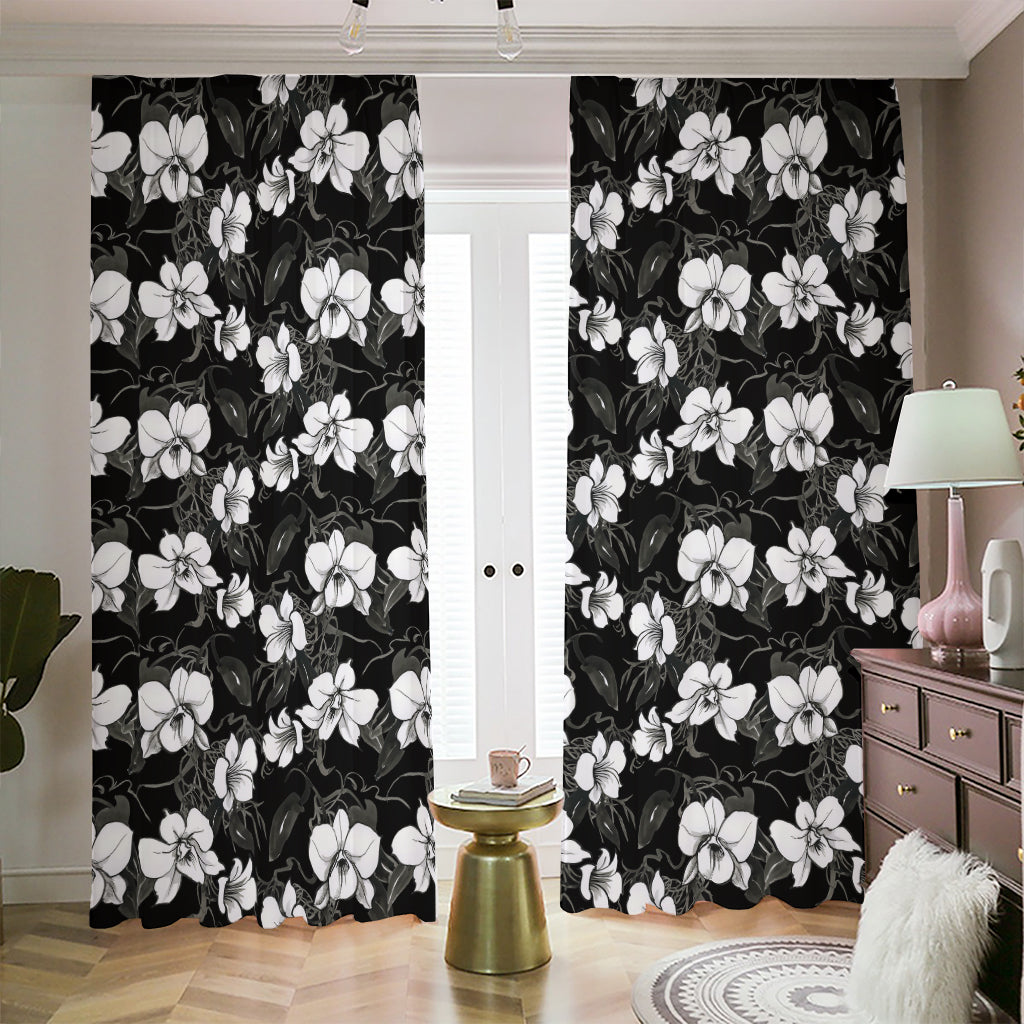 Black And White Cattleya Pattern Print Blackout Pencil Pleat Curtains