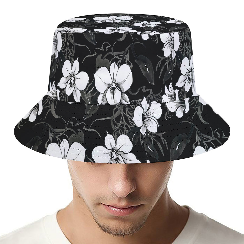 Black And White Cattleya Pattern Print Bucket Hat