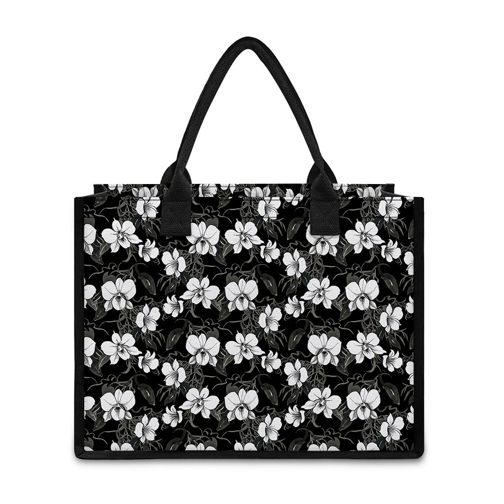 Black And White Cattleya Pattern Print Canvas Tote Bag