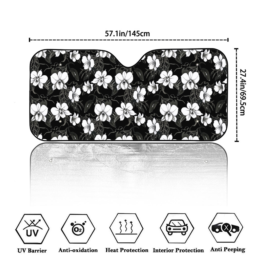 Black And White Cattleya Pattern Print Car Windshield Sun Shade