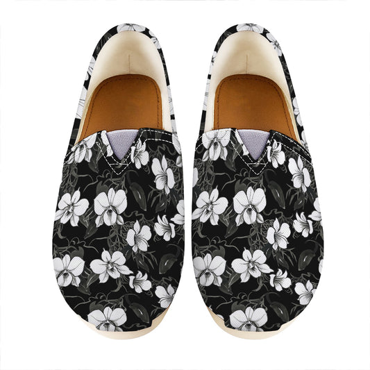 Black And White Cattleya Pattern Print Casual Shoes
