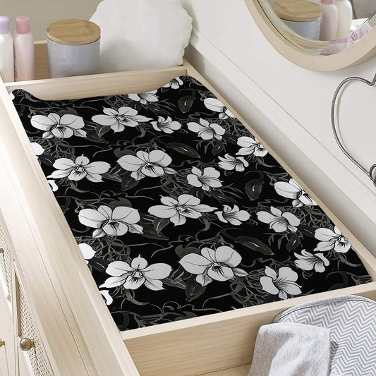 Black And White Cattleya Pattern Print Changing Pad Cover