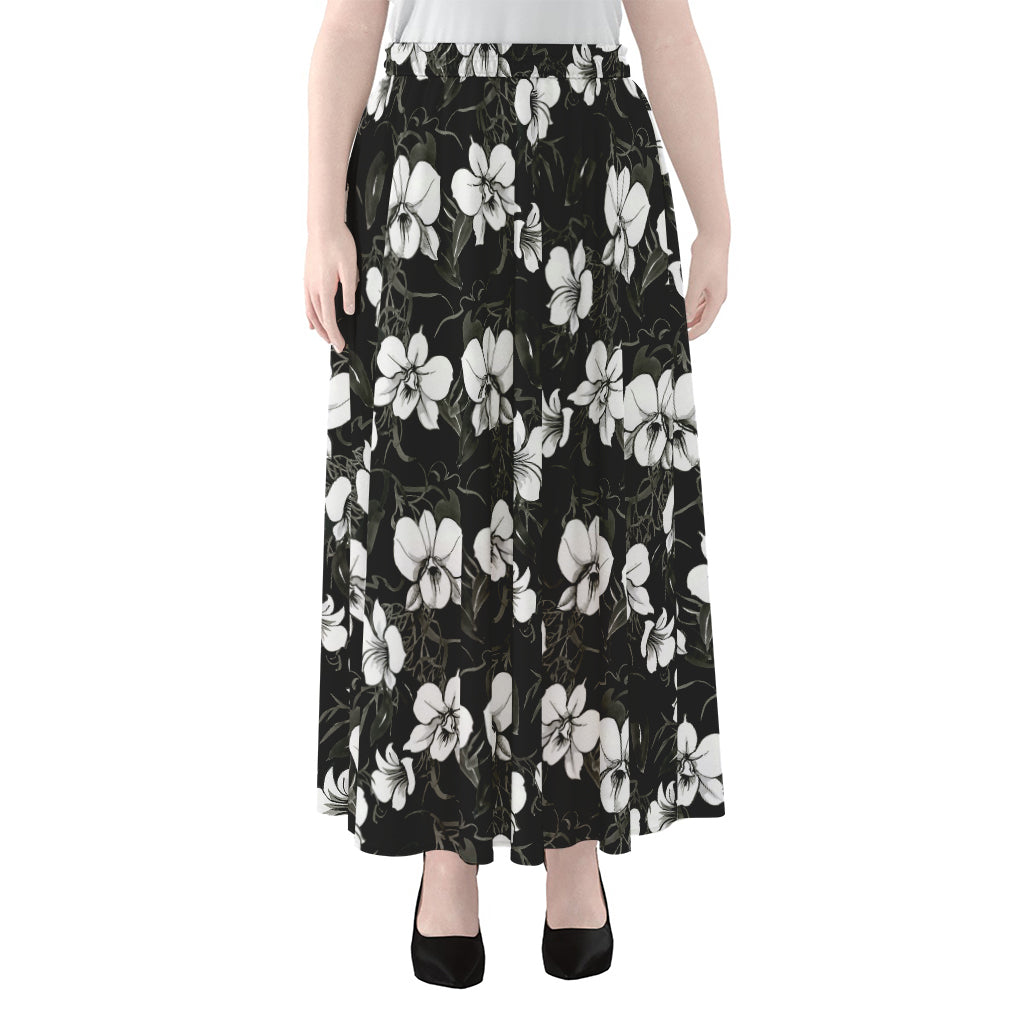 Black And White Cattleya Pattern Print Chiffon Maxi Skirt
