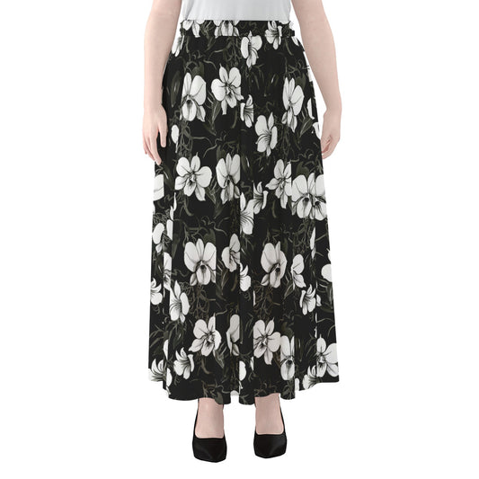 Black And White Cattleya Pattern Print Chiffon Maxi Skirt
