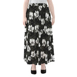 Black And White Cattleya Pattern Print Chiffon Maxi Skirt