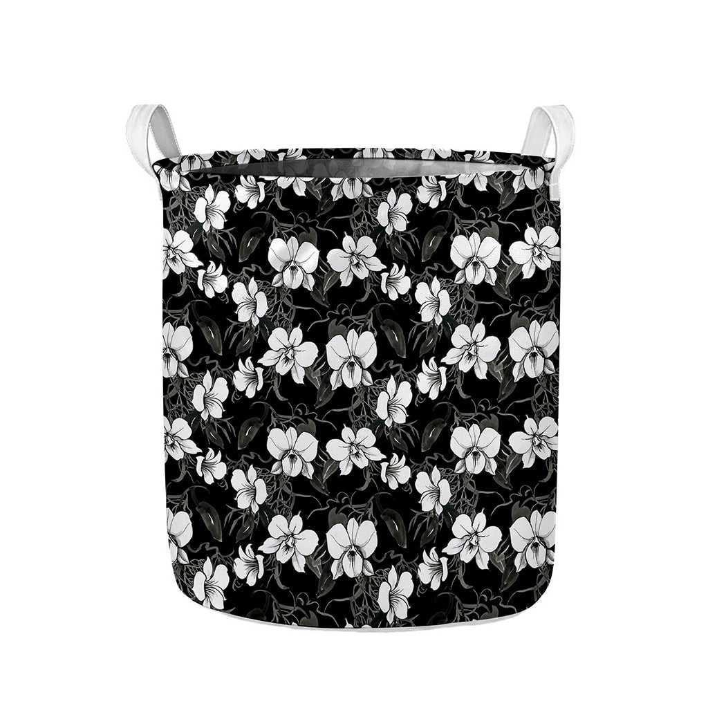 Black And White Cattleya Pattern Print Collapsible Laundry Basket