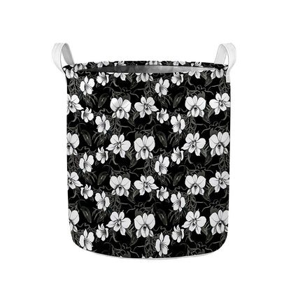 Black And White Cattleya Pattern Print Collapsible Laundry Basket