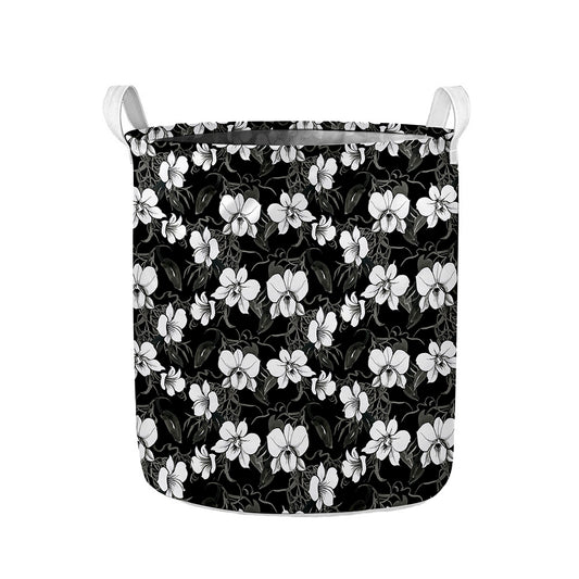 Black And White Cattleya Pattern Print Collapsible Laundry Basket
