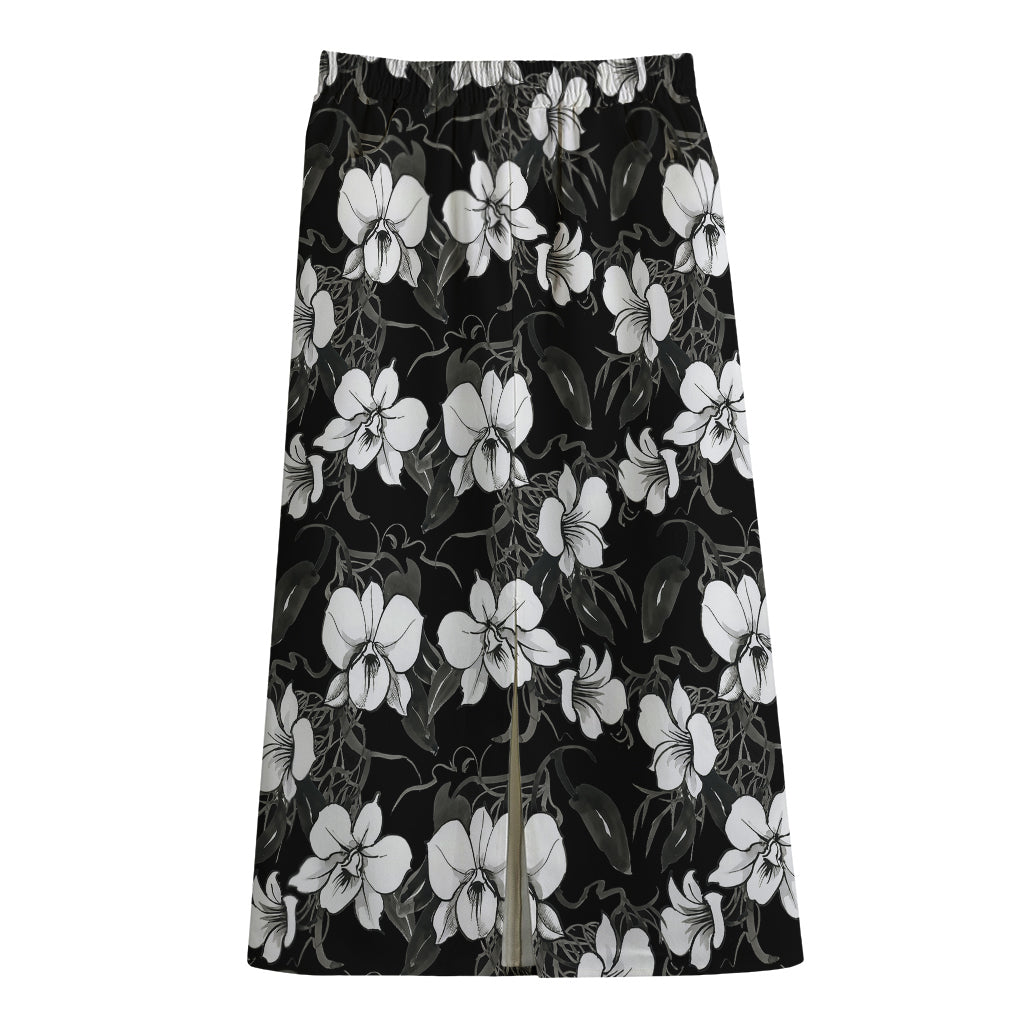 Black And White Cattleya Pattern Print Cotton Front Slit Maxi Skirt