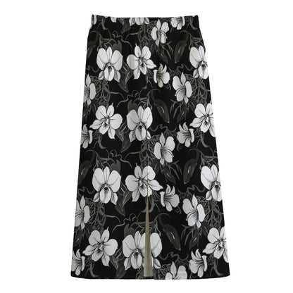 Black And White Cattleya Pattern Print Cotton Front Slit Maxi Skirt