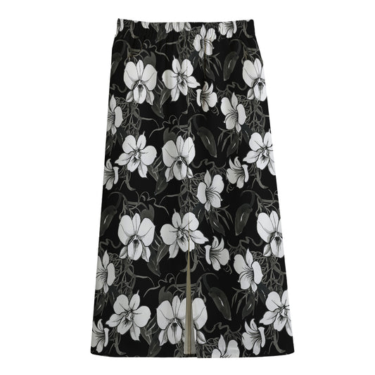 Black And White Cattleya Pattern Print Cotton Front Slit Maxi Skirt