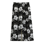 Black And White Cattleya Pattern Print Cotton Front Slit Maxi Skirt