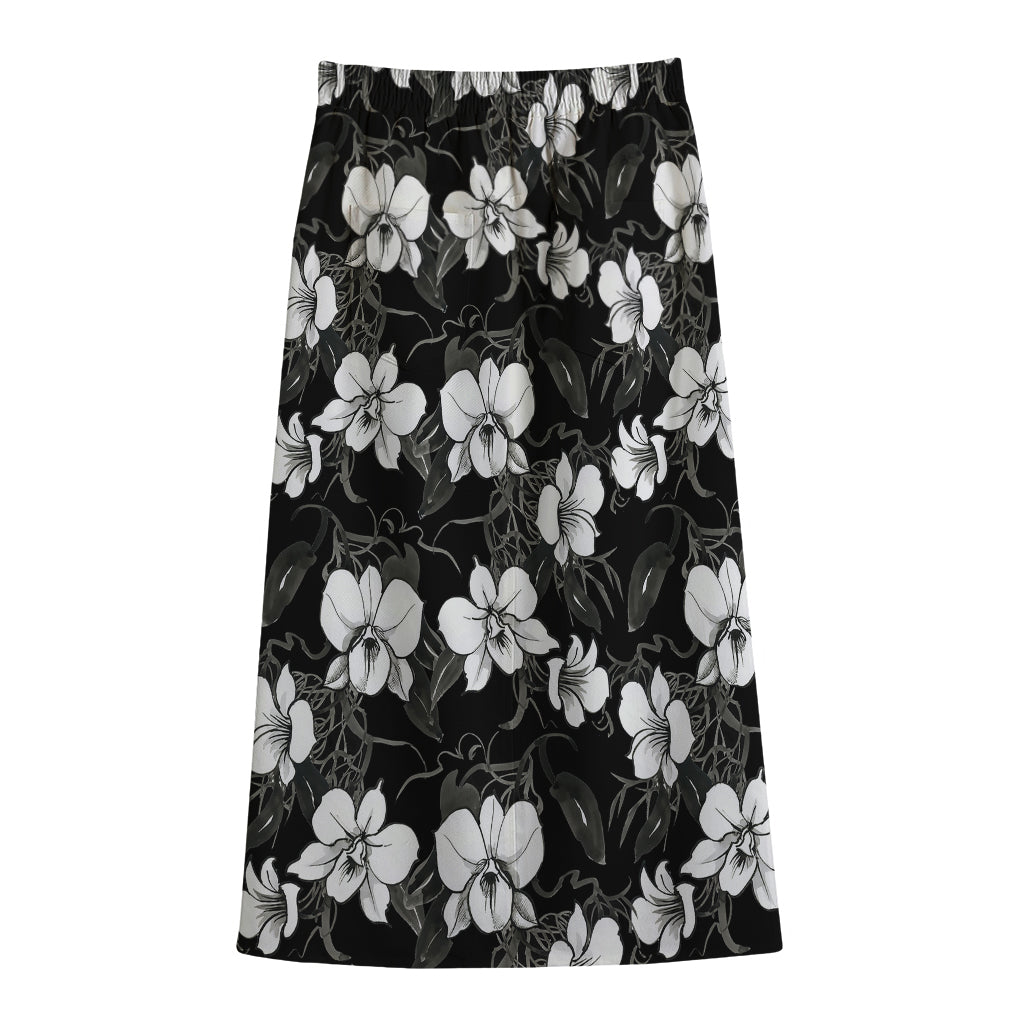 Black And White Cattleya Pattern Print Cotton Front Slit Maxi Skirt
