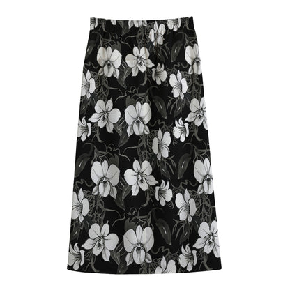 Black And White Cattleya Pattern Print Cotton Front Slit Maxi Skirt