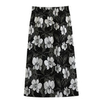 Black And White Cattleya Pattern Print Cotton Front Slit Maxi Skirt