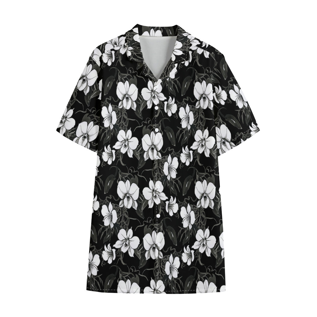 Black And White Cattleya Pattern Print Cotton Hawaiian Shirt