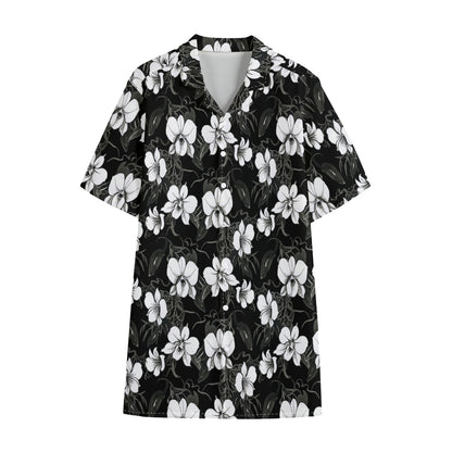 Black And White Cattleya Pattern Print Cotton Hawaiian Shirt
