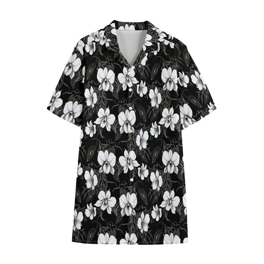 Black And White Cattleya Pattern Print Cotton Hawaiian Shirt