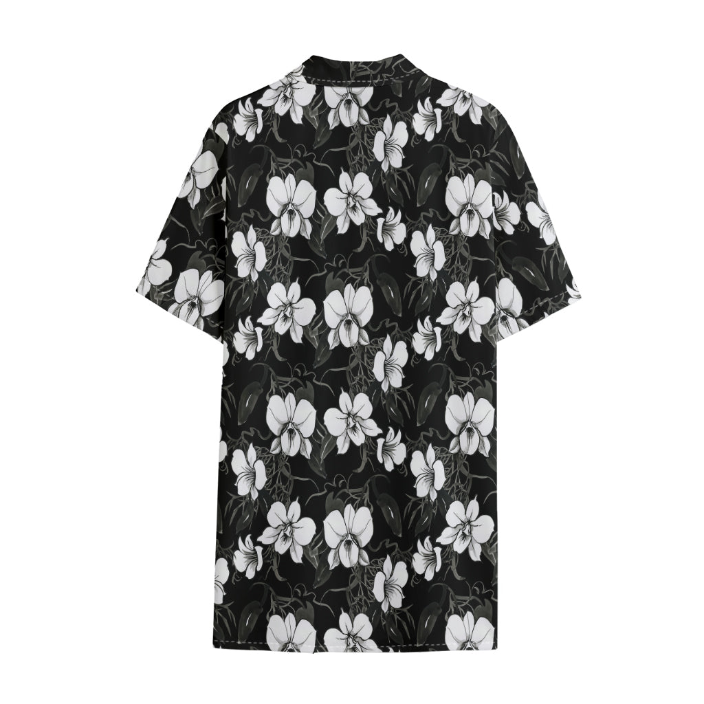 Black And White Cattleya Pattern Print Cotton Hawaiian Shirt