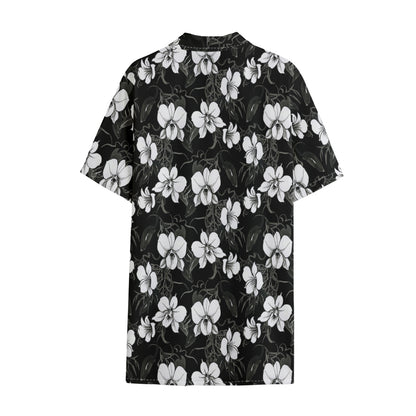 Black And White Cattleya Pattern Print Cotton Hawaiian Shirt