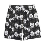 Black And White Cattleya Pattern Print Cotton Shorts