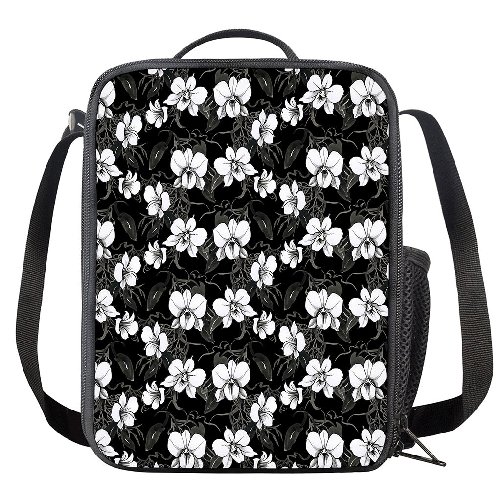 Black And White Cattleya Pattern Print Crossbody Lunch Bag