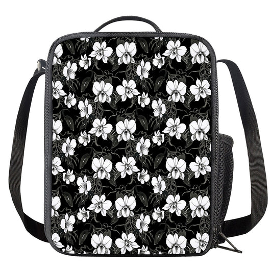 Black And White Cattleya Pattern Print Crossbody Lunch Bag