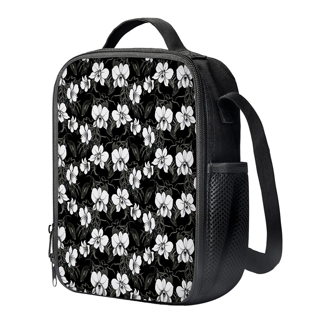 Black And White Cattleya Pattern Print Crossbody Lunch Bag