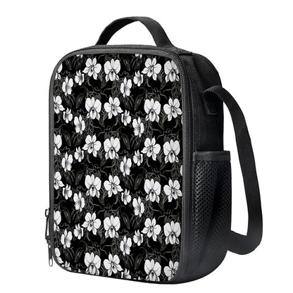 Black And White Cattleya Pattern Print Crossbody Lunch Bag