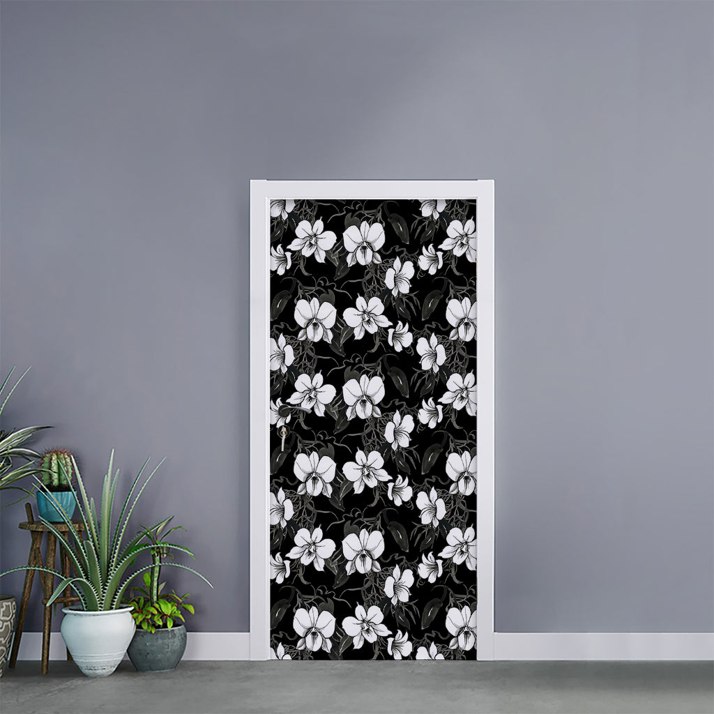 Black And White Cattleya Pattern Print Door Sticker