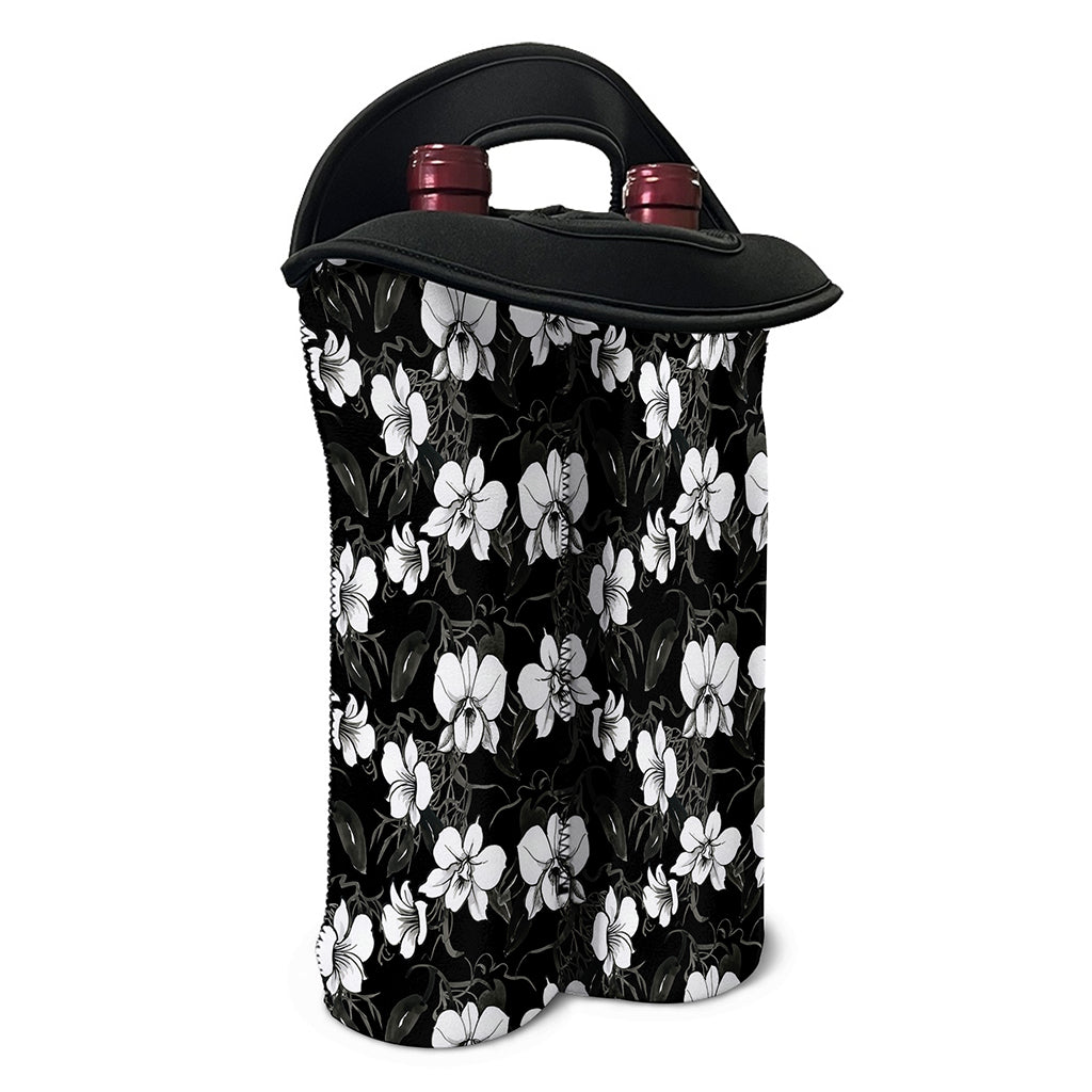 Black And White Cattleya Pattern Print Double Neoprene Wine Tote