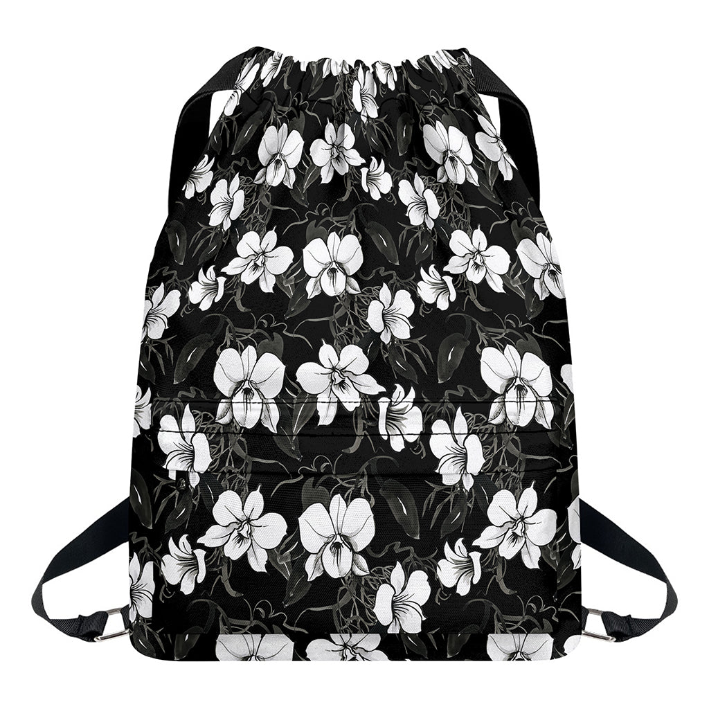 Black And White Cattleya Pattern Print Drawstring Backpack