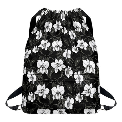Black And White Cattleya Pattern Print Drawstring Backpack