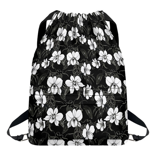 Black And White Cattleya Pattern Print Drawstring Backpack