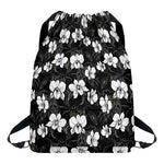 Black And White Cattleya Pattern Print Drawstring Backpack