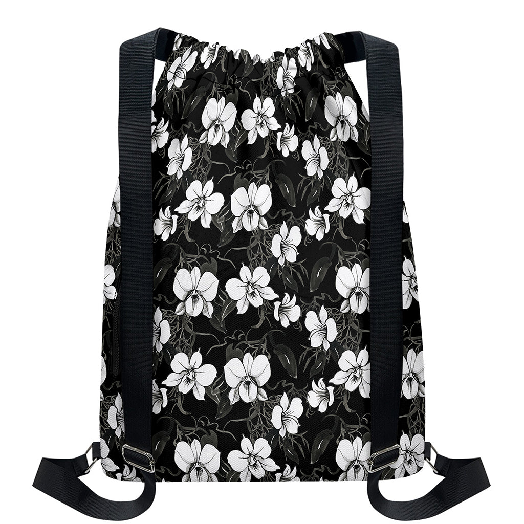 Black And White Cattleya Pattern Print Drawstring Backpack