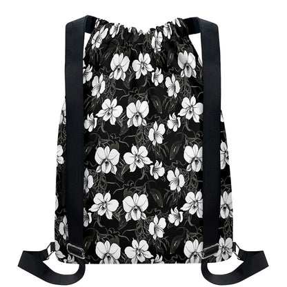 Black And White Cattleya Pattern Print Drawstring Backpack