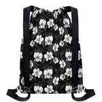 Black And White Cattleya Pattern Print Drawstring Backpack
