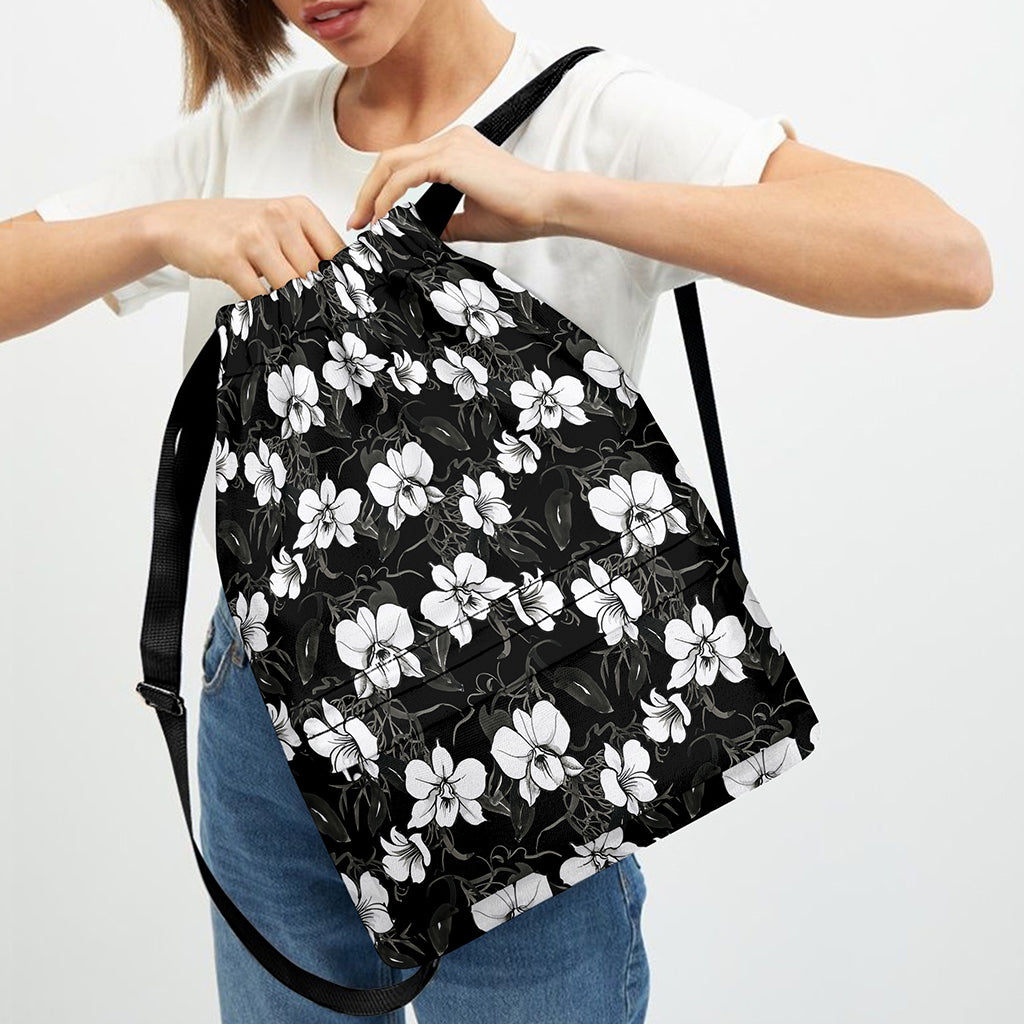 Black And White Cattleya Pattern Print Drawstring Backpack