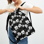 Black And White Cattleya Pattern Print Drawstring Backpack