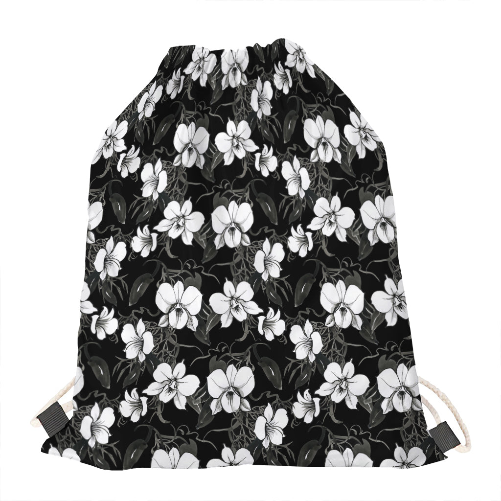Black And White Cattleya Pattern Print Drawstring Bag
